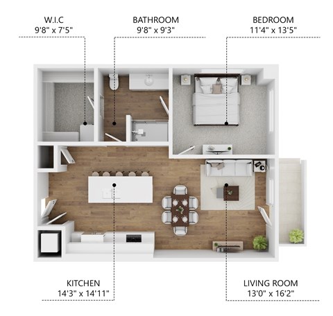 Floor plan for 1 bed, 1 bath, 745 sqft